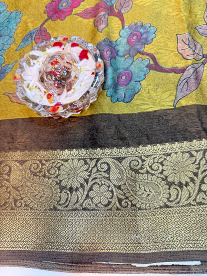 Silk blend printed saree with zari border and digital pallu print, 6.3m with running blouse, 6 color options