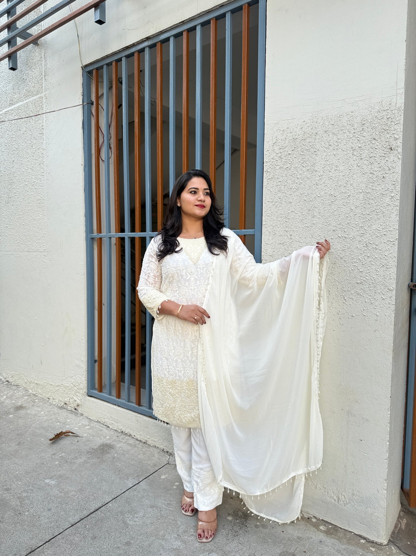 Women’s premium georgette embroidered stitched suit set with beads work and palazzo (XL)