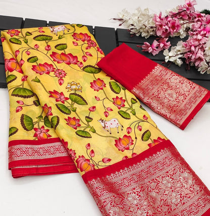 Kalamkari digital print Viscose Saree with weaving zari and gold viscose border.