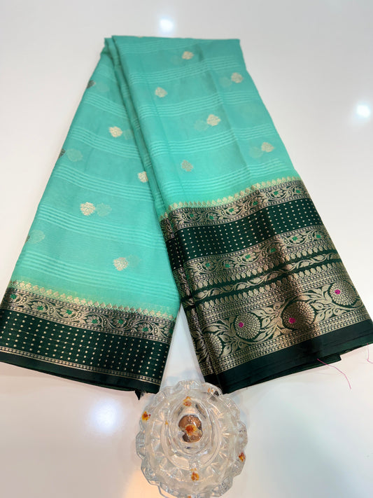 Banarasi semi georgette silk saree with gold zari weaving, meenakari big border and buti design for women
