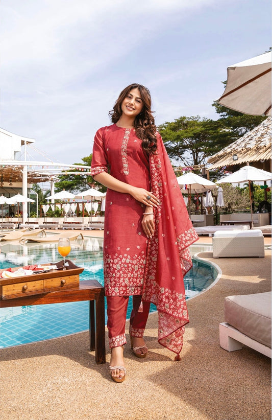 Modal Silk Kurti Pant Dupatta Set with Katha Embroidery and Jaam Silk Bottoms for Women – Plus Sizes