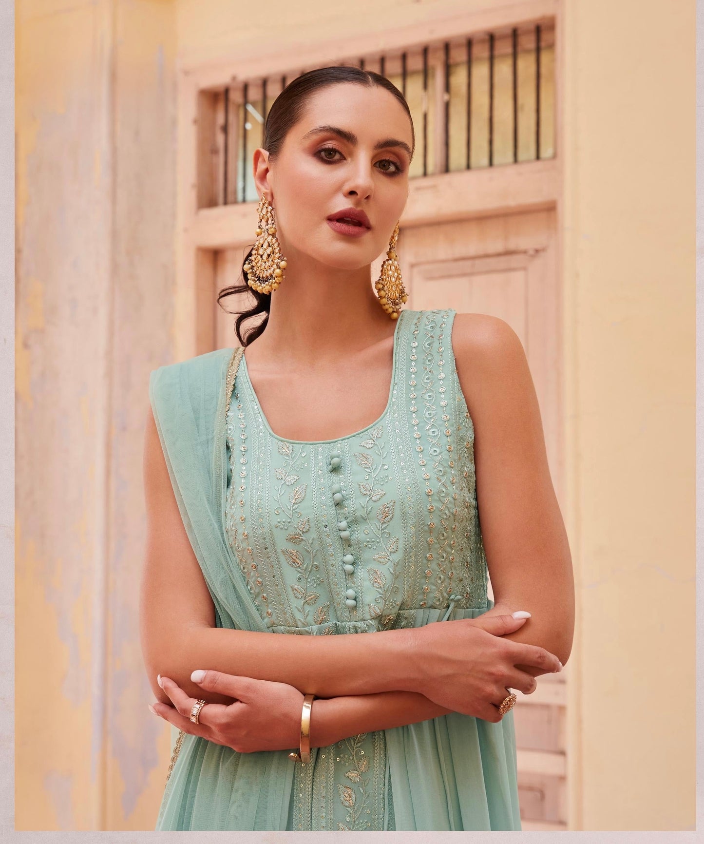 Women’s Full-Flared Long Gown with Front Slit – Fusion Ethnic Wear Free Size