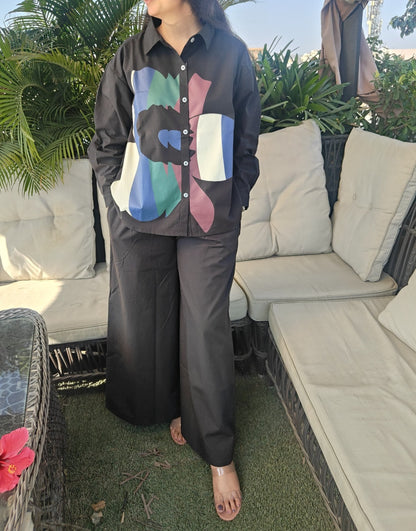 Premium Poplin Co-ord Set for Women with Abstract Print Shirt and Wide-Leg Pants – Smart Casual Outfit