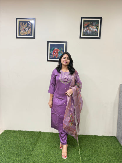 Gajji Silk Straight Suit Set with Embroidery and Organza Zari Dupatta for Women