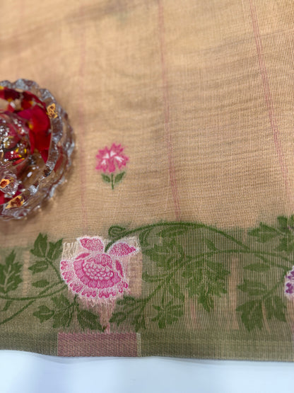 Tissue chanderi saree with floral border and tassel pallu, pastel printed saree for women