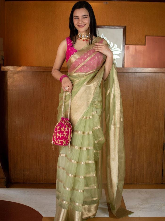 Kanchipuram Organza Jacquard Full Worked Saree with Raw Silk Organza Running Blouse
