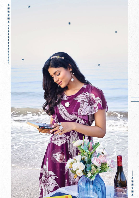 Viscose Chiffon Digital Printed Dress with Fancy Brooch – Autumn Breeze Collection for Women