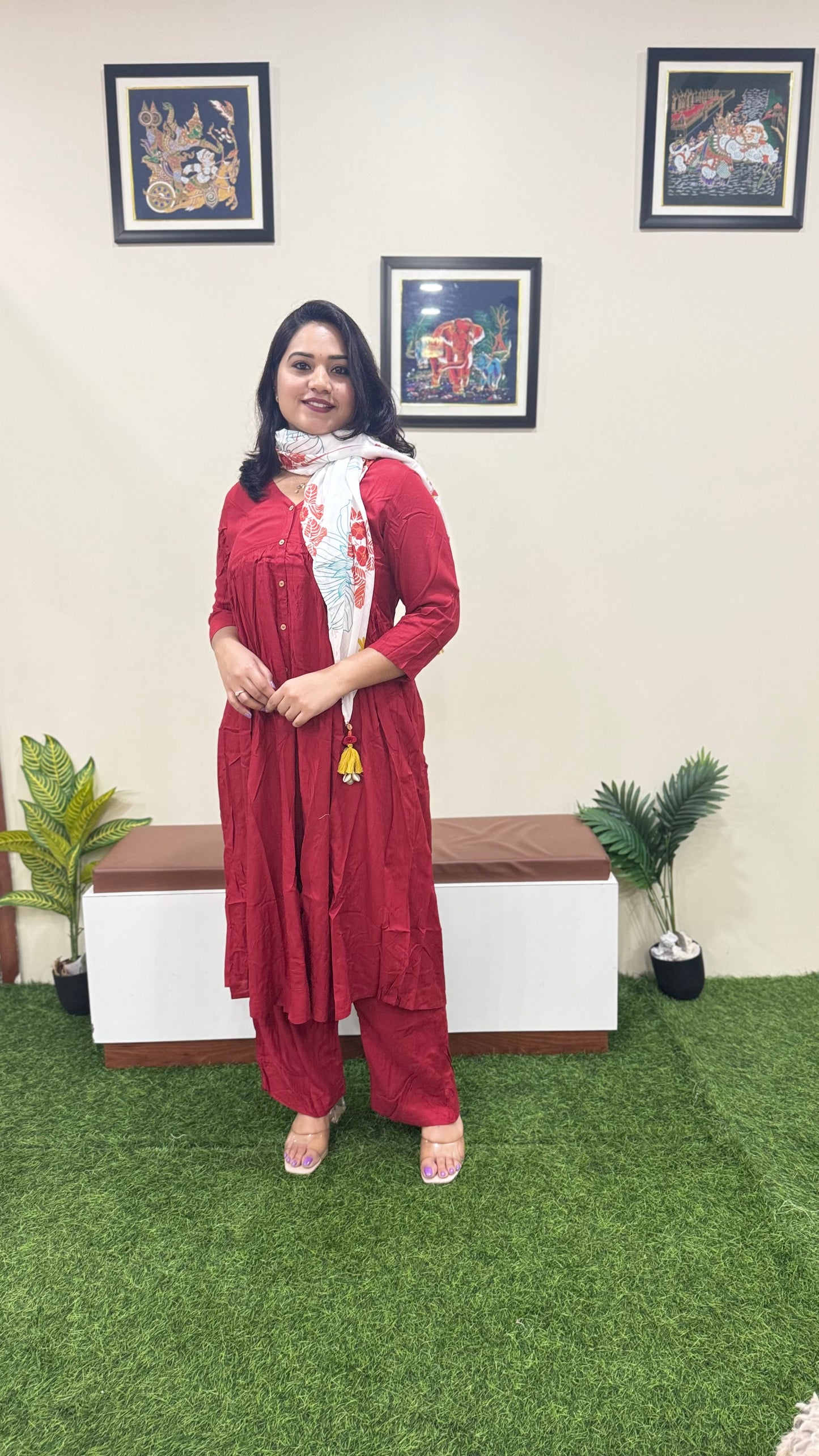 Rayon Solid Kurta Palazzo Scarf Set for Women | Maroon Flared Kurti with Pant and Printed Dupatta