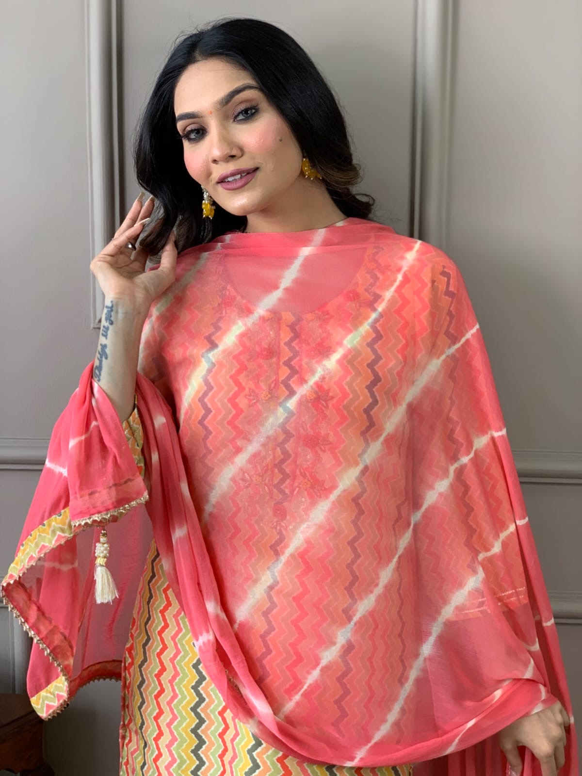 Chanderi Silk Digital Print Kurta Pant Dupatta Suit Set with Embroidery and Chiffon Dupatta – Sizes 38 to 44