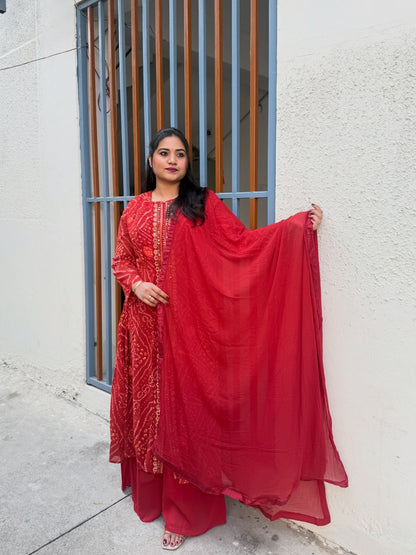 Viscose jacquard silk anarkali suit set with hand embellishment and georgette dupatta – free size stitched