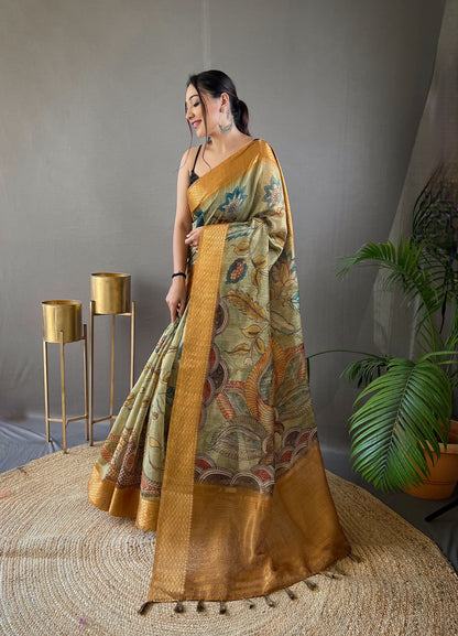 Tussar Silk Saree with Hand-Painted Style Kalamkari Print, Zari Border, and Contrast Blouse