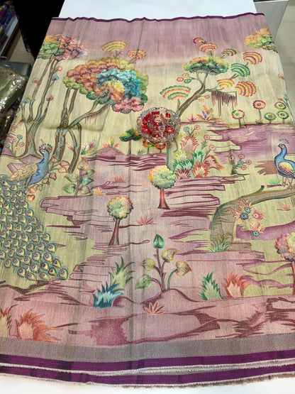 Pure Ziraf Silk Peacock Print Saree with Colorful Nature Motifs and Geometric Border – Soft Silk Printed Saree for Women