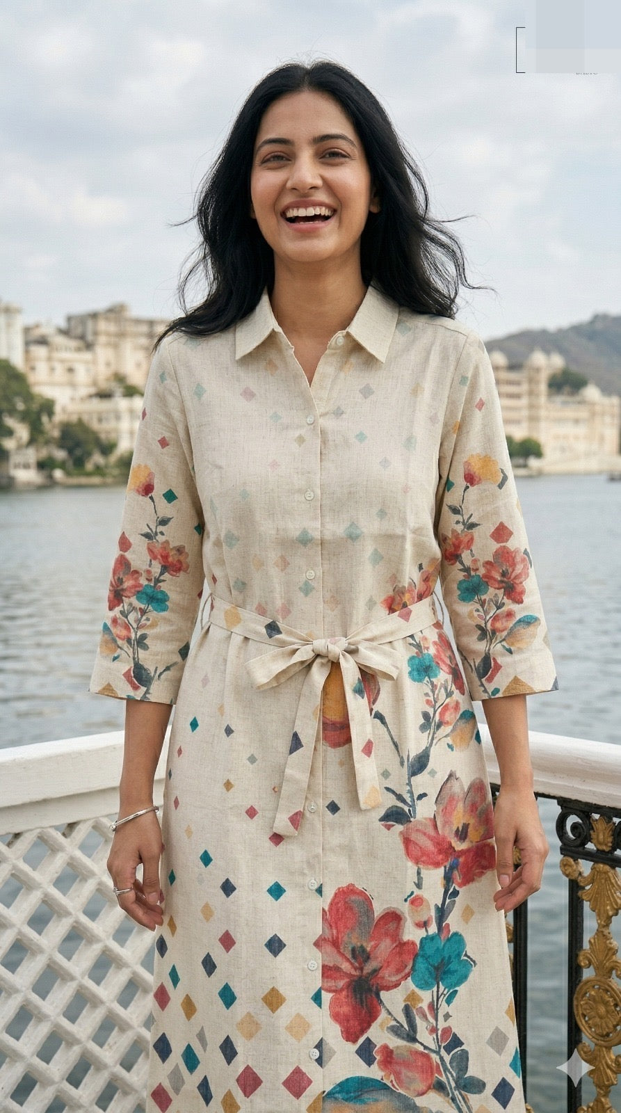 Poly Linen Printed Midi Dress for Women with Belt, Casual Day Dress