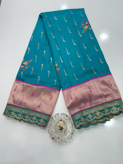 Paithani Lace Border Soft Silk Saree with Contrast Blouse for Women