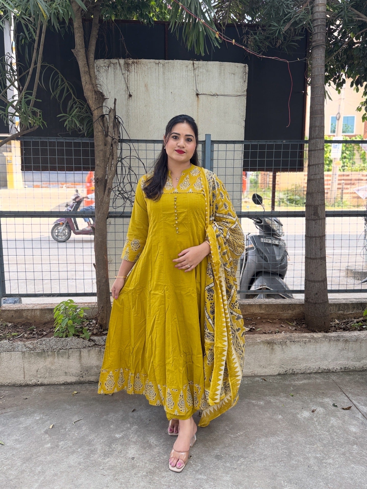 Cotton Printed Anarkali Suit Set with Embroidered Yoke and Dupatta – Mustard Yellow ( Size 40 & 46)