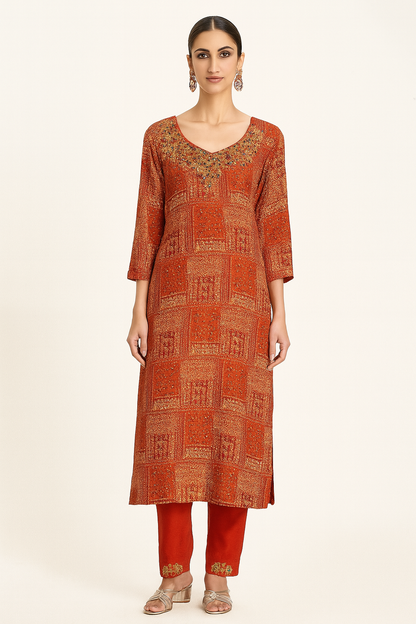 Natural Crepe Kurta Set with Mirror Handwork and Printed Viscose Dupatta – XL to 3XL Sizes