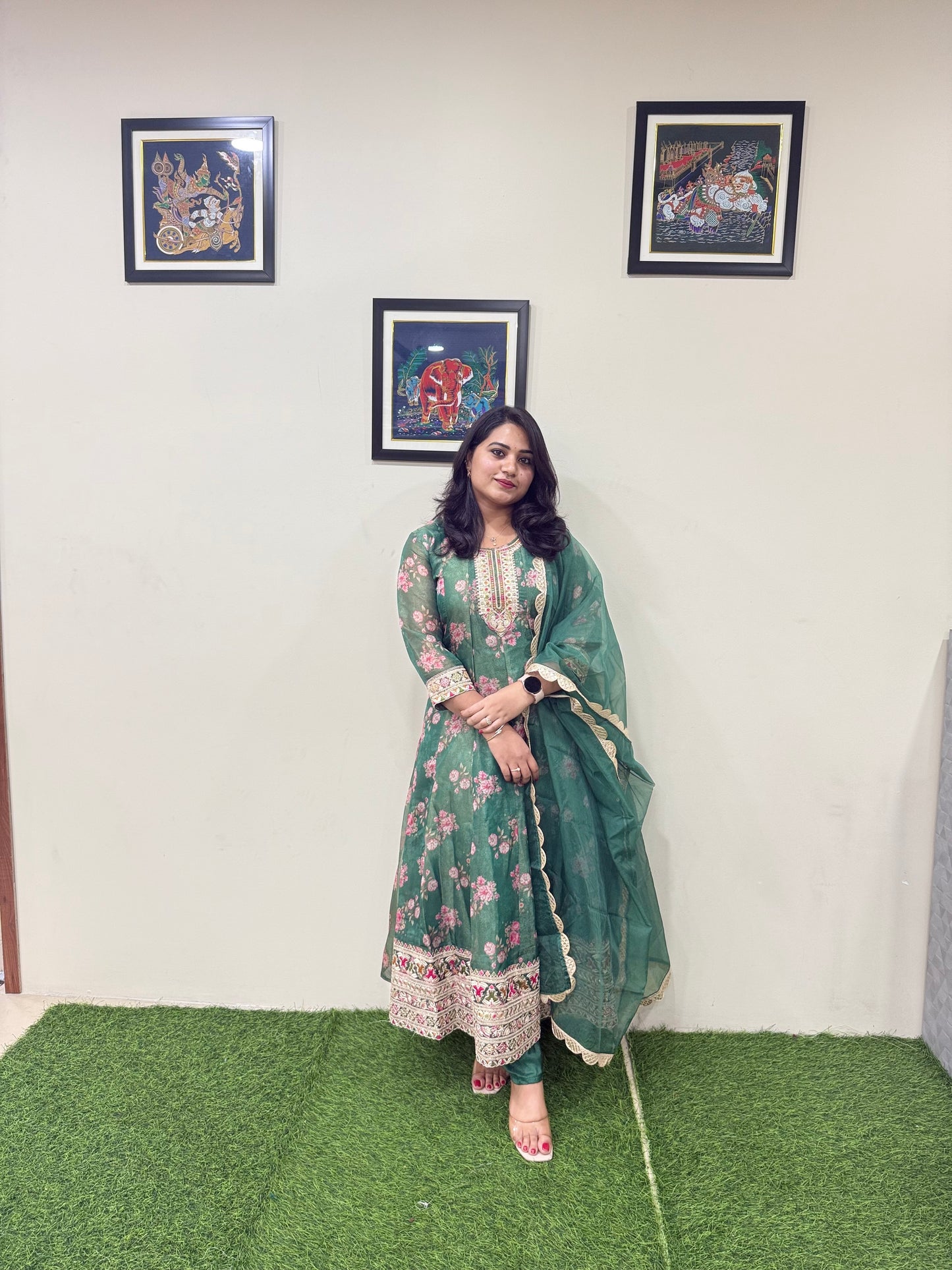 Tissue Organza Anarkali Gown with Digital Floral Print Zari Sequence Embroidery and Dupatta for Women