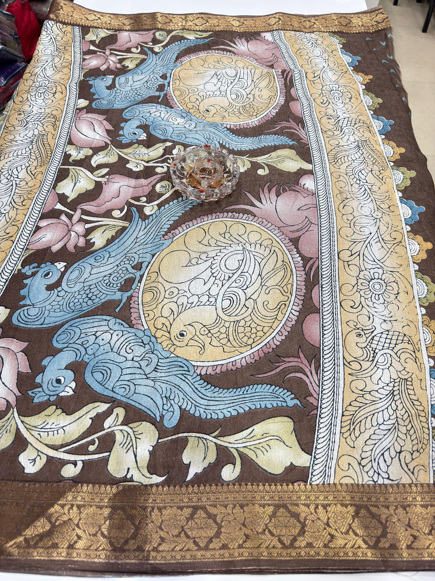 Silk blend printed saree with floral and bird motifs, zari border, women’s festive wear saree