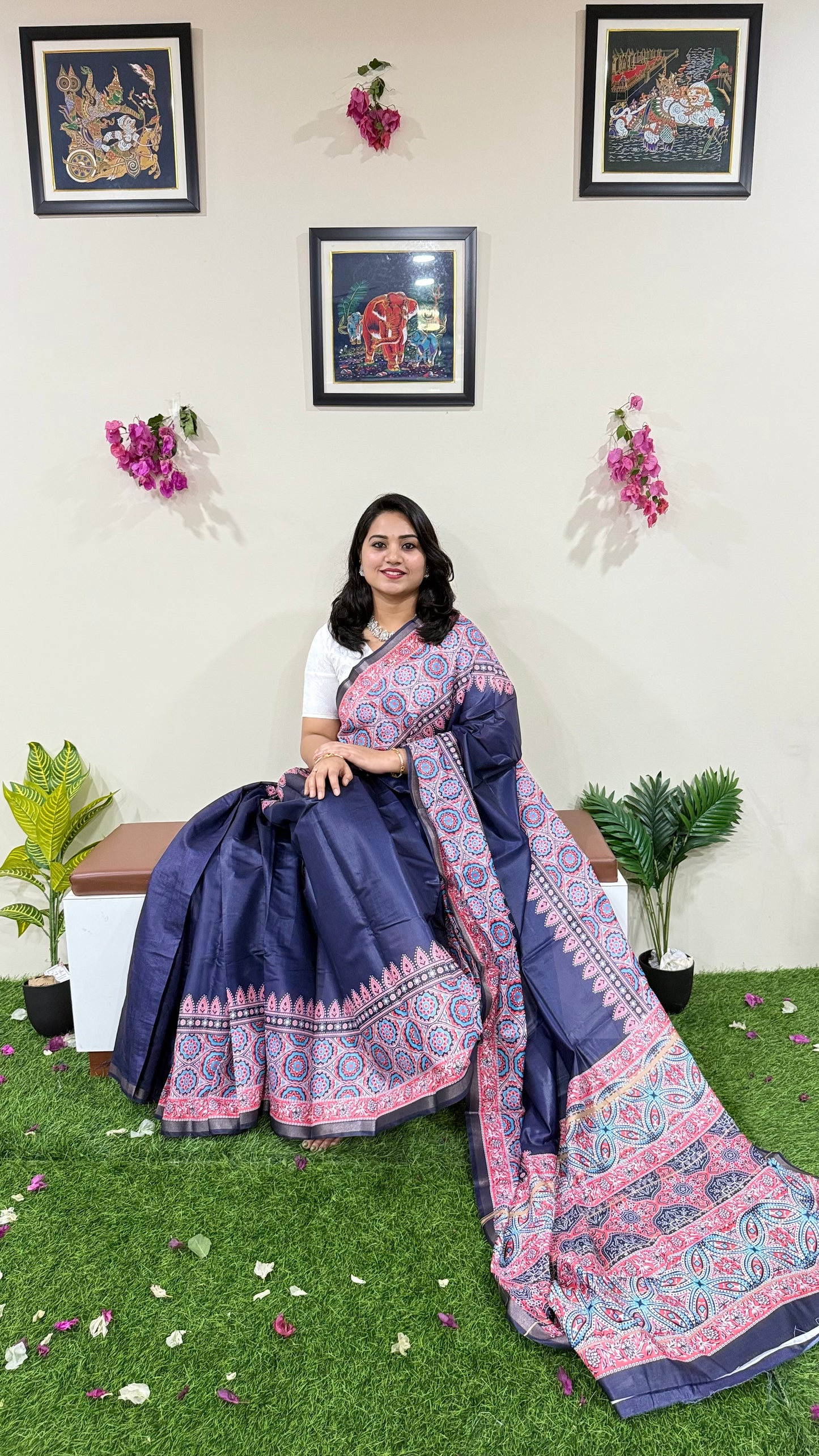 Soft Chanderi Silk Saree with Gold Zari Border and Digital Print – Traditional Wear Saree for Women