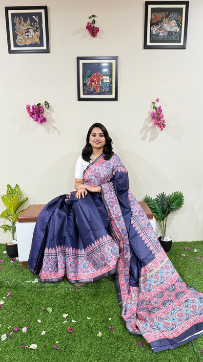 Soft Chanderi Silk Saree with Gold Zari Border and Digital Print – Traditional Wear Saree for Women