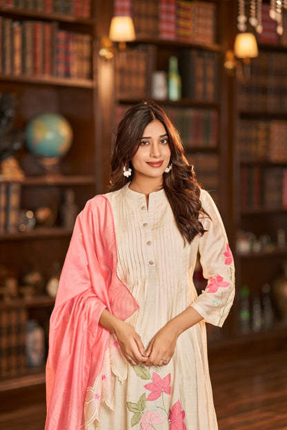 Mul Chanderi Anarkali Kurta Pant Dupatta Set with Elegant Detailing Work for Women