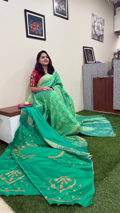Lime green Designer Silk Saree with Heavy Embroidery Work and Unstitched Blouse for Festive and Wedding Wear