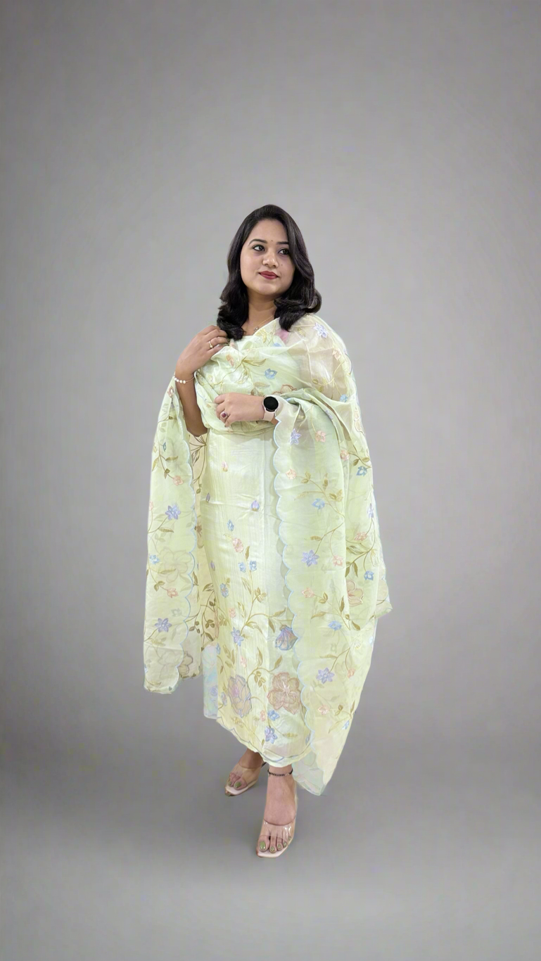 Unstitched Bamber Silk Suit with Resham Embroidery, 3D Patch Appliqué and Organza Dupatta