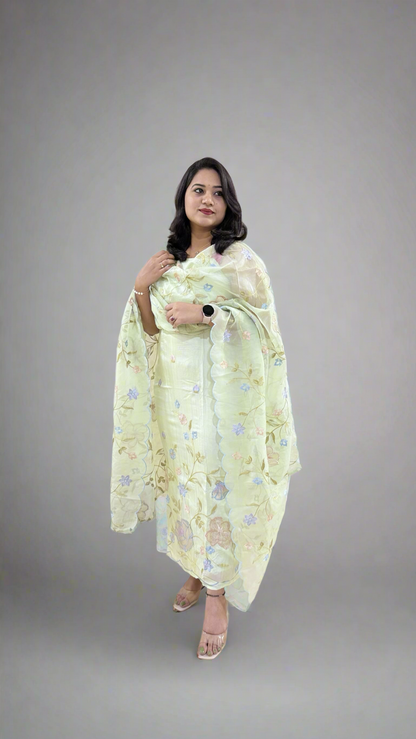 Unstitched Bamber Silk Suit with Resham Embroidery, 3D Patch Appliqué and Organza Dupatta