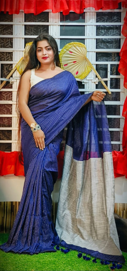 Check Jute Kaddi Cotton Saree for Women with Matching Blouse Piece