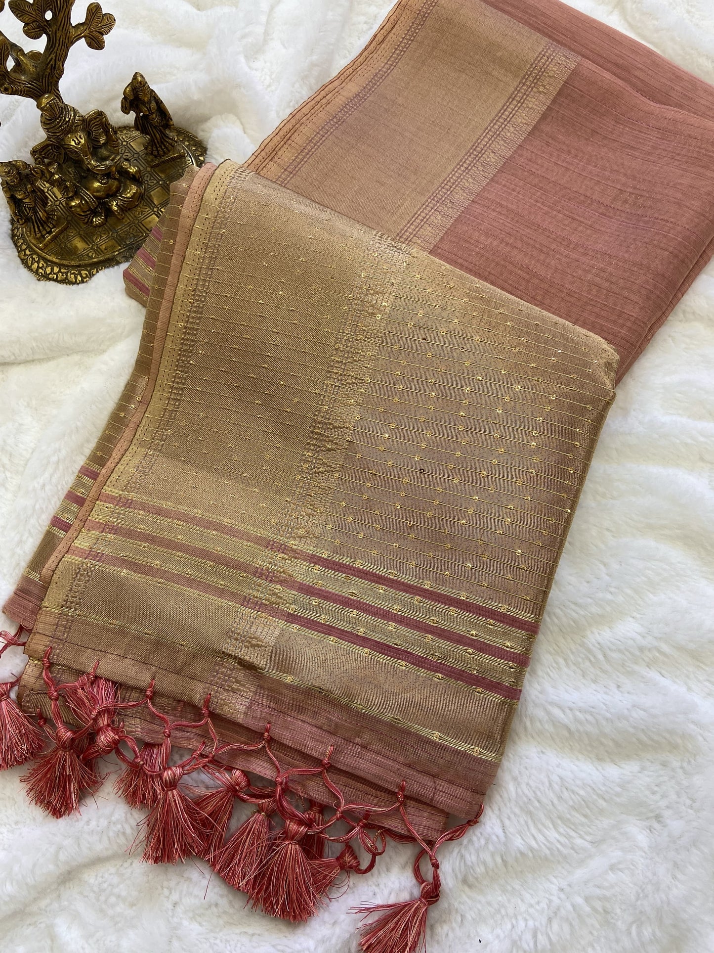 Soft Banarasi Tissue Silk Saree with Sequin Pallu, Gold Border and Running Blouse