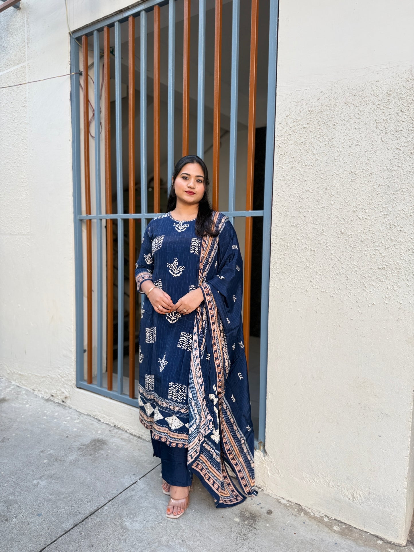 Pure natural crepe kurti pant dupatta set with heavy handwork and cotton lining for women