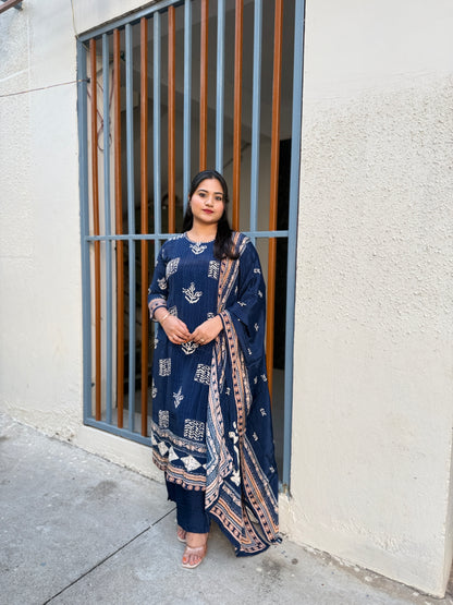 Pure natural crepe kurti pant dupatta set with heavy handwork and cotton lining for women