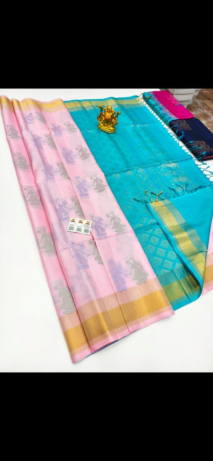 Pure Soft Silk Handloom Saree for Women – Double Warp, Borderless Design with Gold Zari and Contrast Blouse