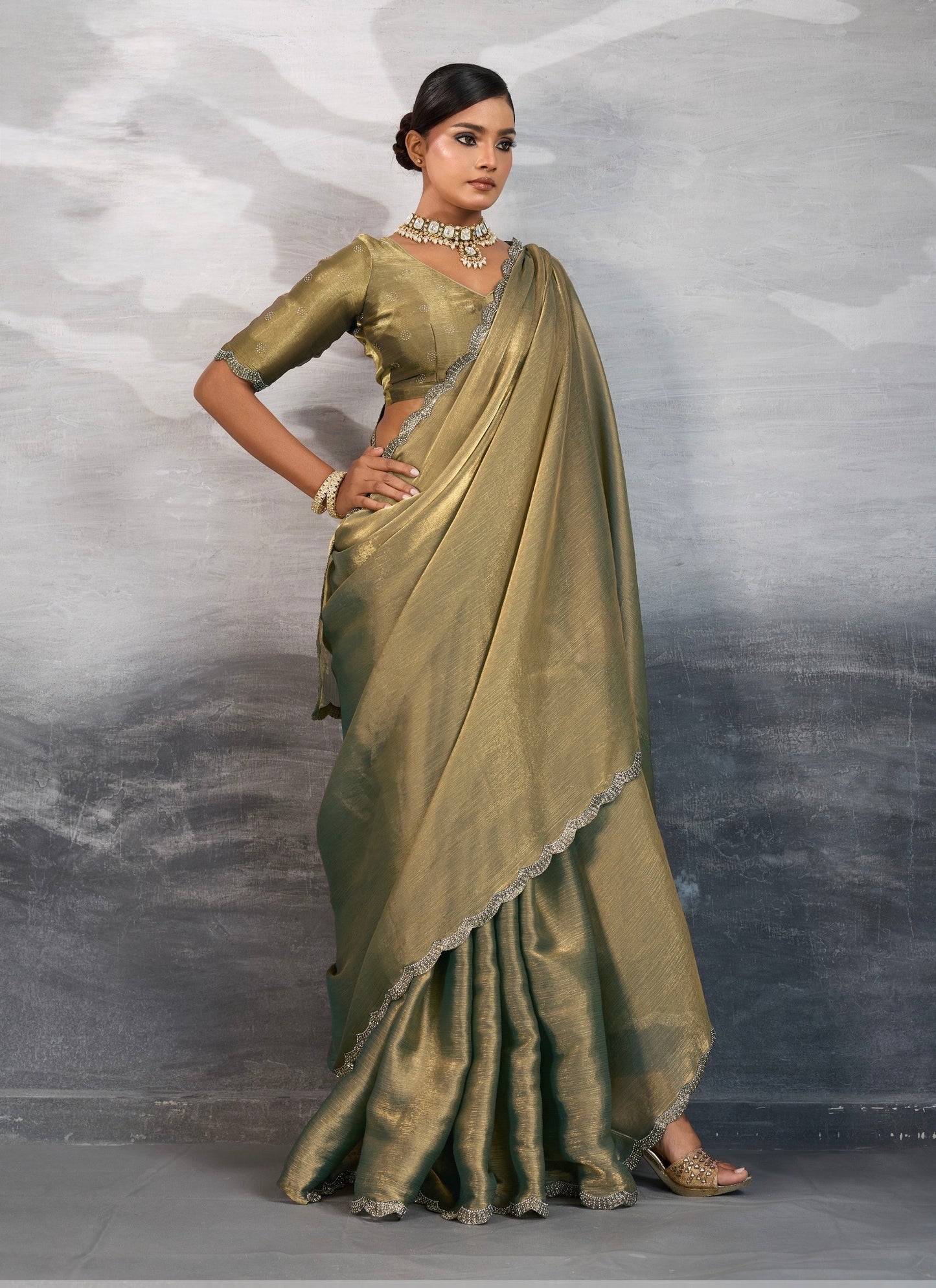 Burberry Chiffon Saree with Zarkan and Cutdana Appliqué Lace Work – Designer Party Wear Saree for Women