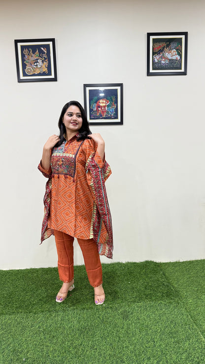 Designer Muslin Digital Print Western Fusion Kurti Pant Set with Mirror and Bead Handwork