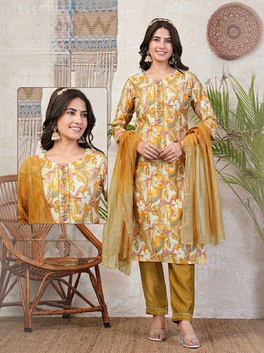 Chanderi Foil Print Kurti Set with Silk Bottom and Jacquard Sequins Dupatta – Women’s Sizes L, XL