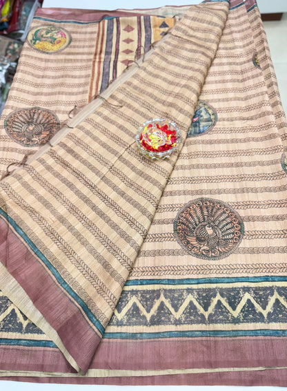 Silk Blend Printed Saree with Traditional Art Motifs and Glossy Texture – Festive Wear for Women