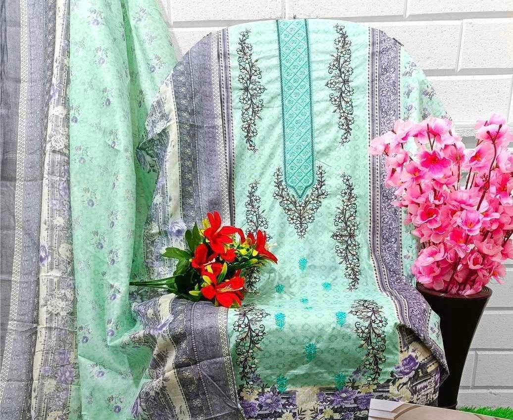 Unstitched Pure Cotton Cambric Suit Material with Self Embroidery and Mal Mal Dupatta