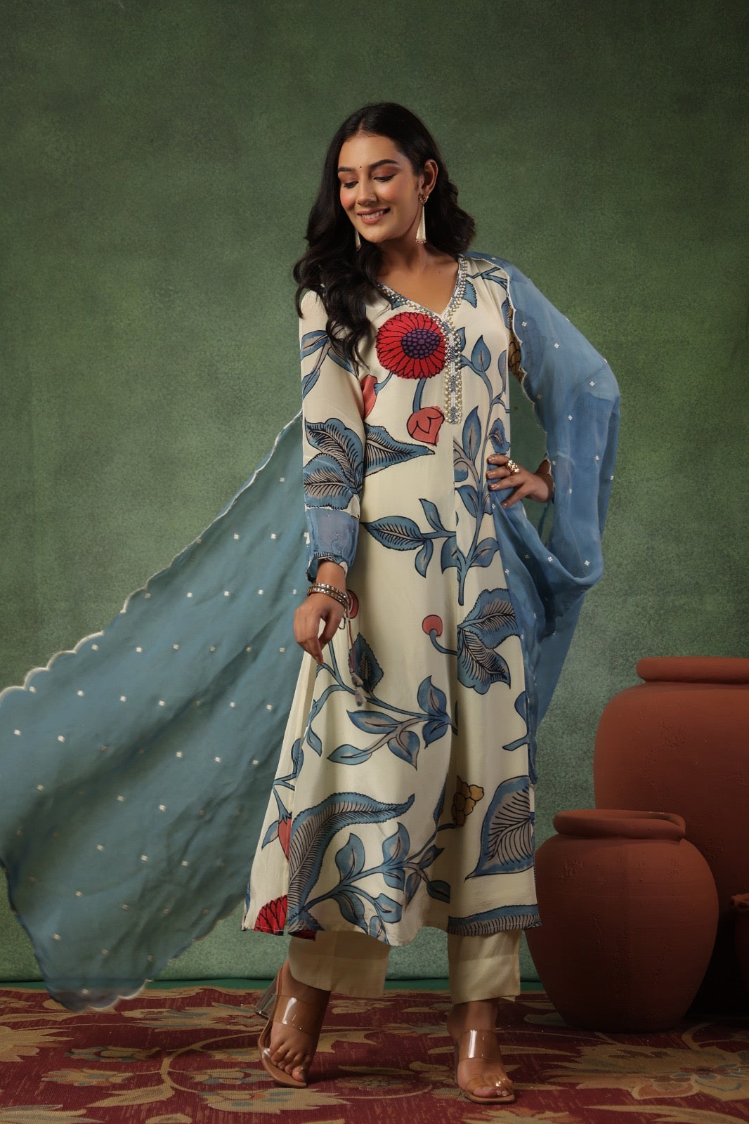 Pure Crepe Kurti Pant Dupatta Set for Women with Intricate Bits Work – Sizes 38 to 44