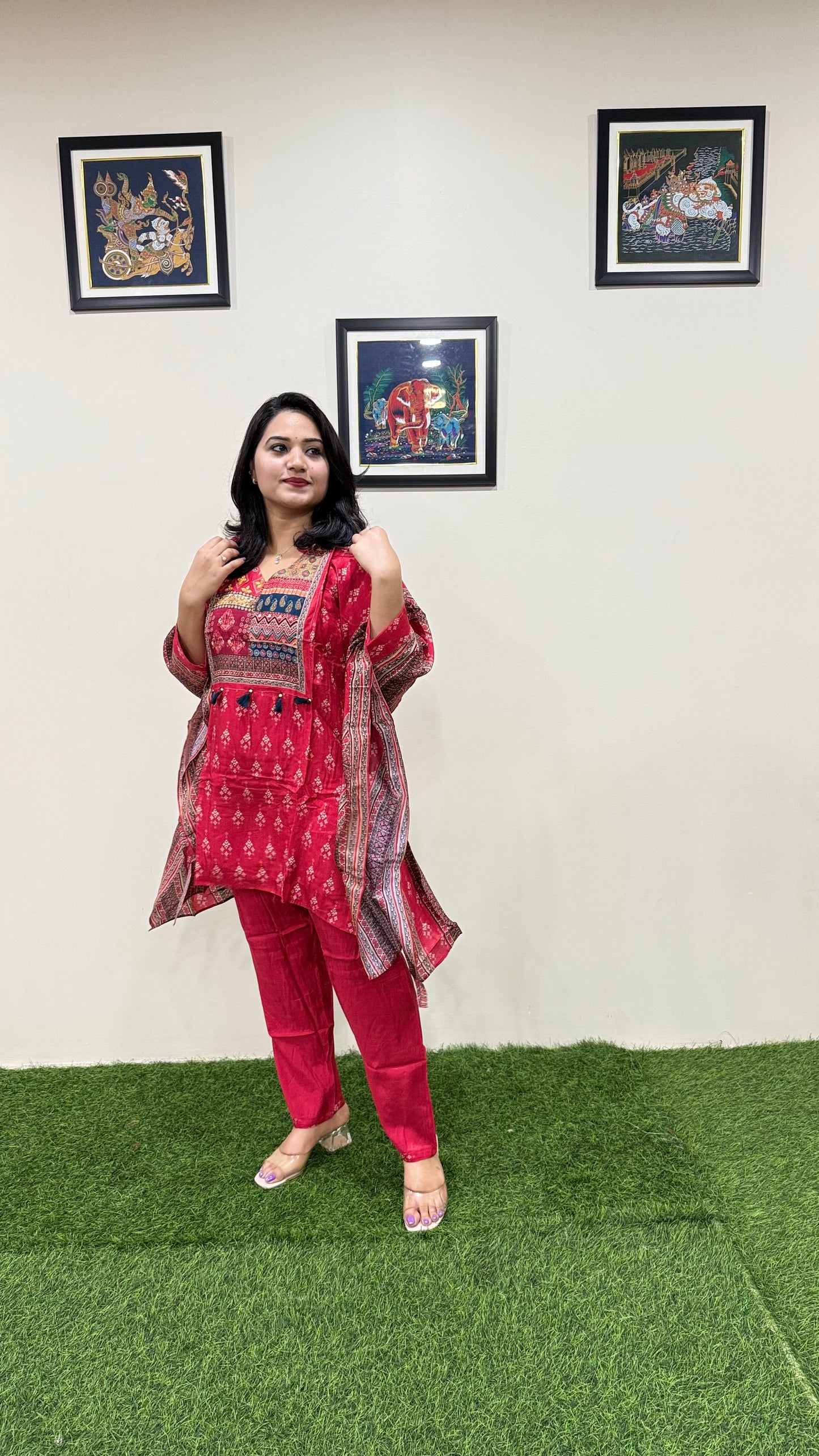 Designer Muslin Digital Print Western Fusion Kurti Pant Set with Mirror and Bead Handwork