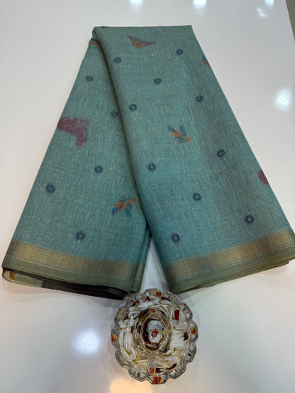 Linen Paithani style printed saree with floral tree border and tassel pallu, women’s festive daily wear saree