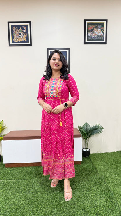 Rayon Foil Print Anarkali Gown with Embroidered Neck and Belt – Liva Tag – Sizes M to 3XL