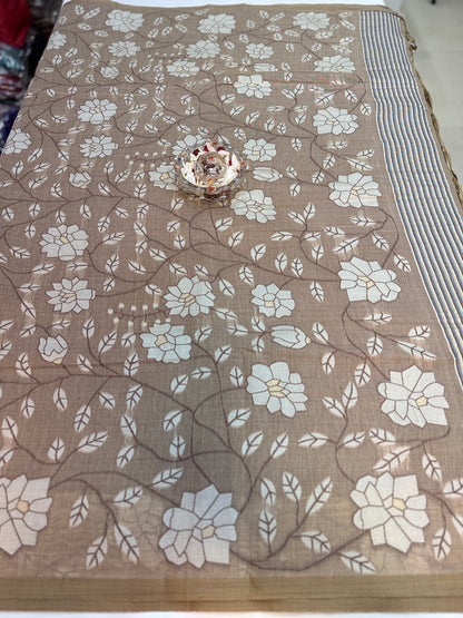 Linen printed saree with floral vine design, contrast border and tassel pallu, women’s daily wear saree