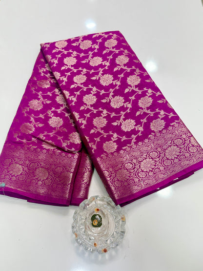 Banarasi Semi Dupion Silk Saree with Zari Floral Jaal Weaving and Blouse Piece for Women