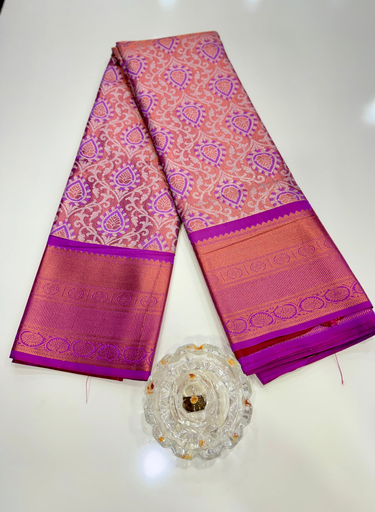 Bridal tissue saree for women with woven zari work and contrast border, kanchipuram style powerloom saree with blouse fabric