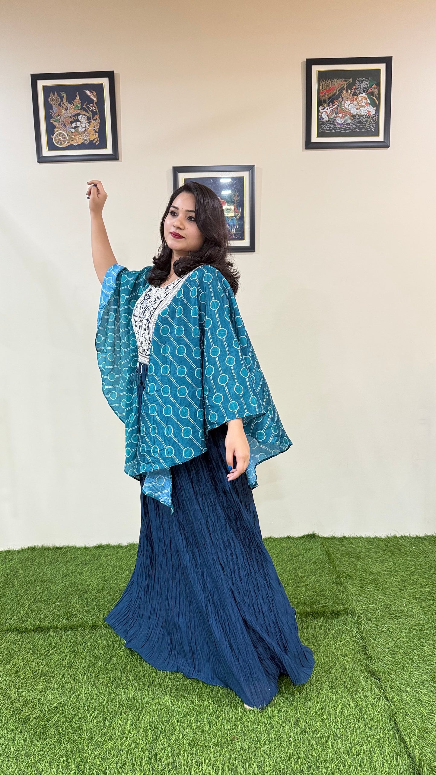 Real Chinon Silk 3-Piece Ethnic Set with Hand Moti Embroidery and Digital Sleeves – Free Size