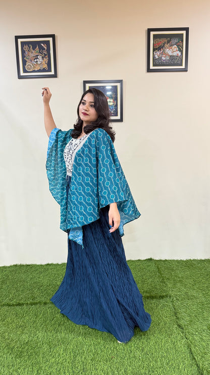 Real Chinon Silk 3-Piece Ethnic Set with Hand Moti Embroidery and Digital Sleeves – Free Size