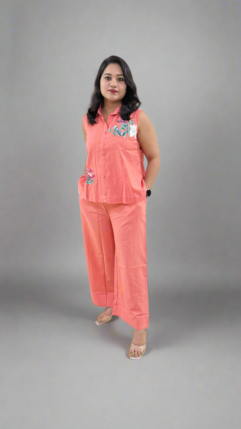 Handmade embroidery cotton co-ord set for women with plazo pants and pockets – ethnic casual wear