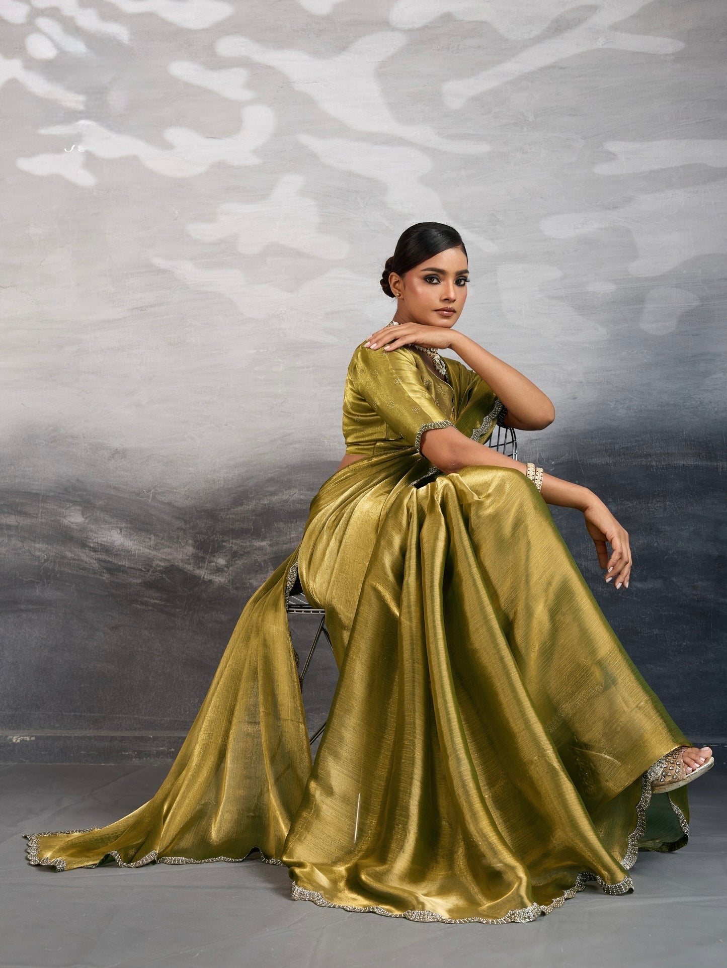 Burberry Chiffon Saree with Zarkan and Cutdana Appliqué Lace Work – Designer Party Wear Saree for Women