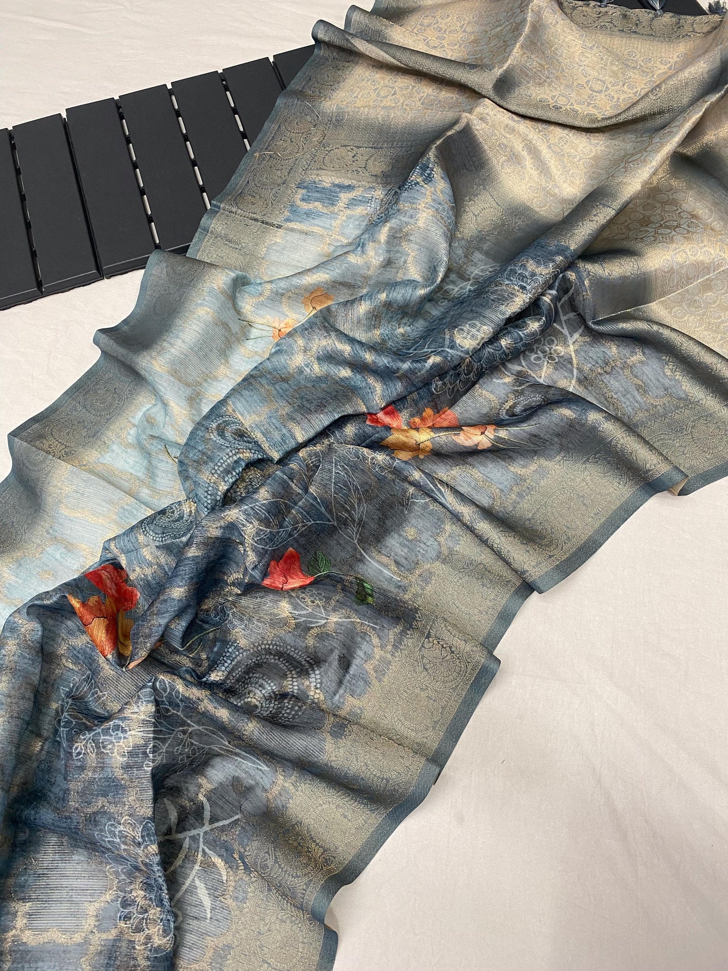 German Silk Saree with Super Weaves, Digital Print and Printed Blouse – Festive Wear for Women